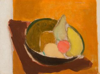 Seymour Remenick (Am. 1923-1999), "Fruit with Orange Background", Oil on canvas, framed