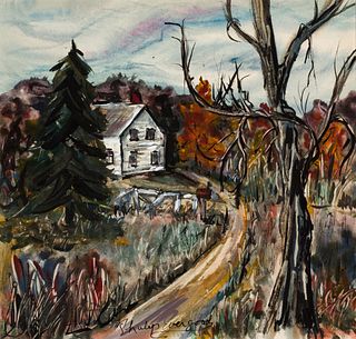 Philip Evergood (Am. 1901-1973), Homestead, Gouache and watercolor on paper, framed under glass