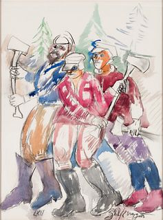 Philip Evergood (Am. 1901-1973), The Exultant Woodsmen, 1962, Watercolor on paper, framed under