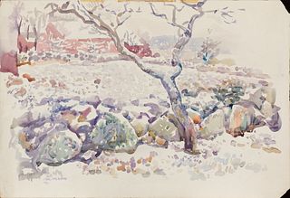 Carl Sprinchorn (Am. 1887-1971), Stone Wall by Farmhouse, Watercolor on paper, framed under glass