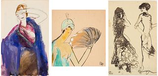 Carl Sprinchorn (Am. 1887-1971), Three Works: 1] Woman in Purple, c. 1915 2] The Fan, 1914 3] Two