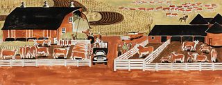 Dahlov Ipcar (Am. 1917-2017), "Beef Farm" 1958, Watercolor on paper, framed under glass