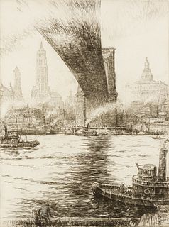 Kerr Eby (Am./Can. 1889-1946), Brooklyn Bridge, c. 1930, Etching on paper, framed under glass