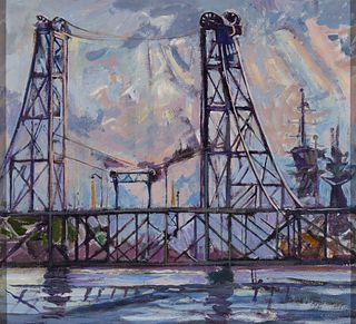 Robert Solotaire (Am. 1930-2008), Bath Bridge, 1970, Oil on panel, framed