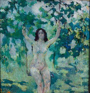 Attr. to Arthur Beecher Carles Jr. (Am. 1882-1952), Swinging Nude, Oil on canvas, framed