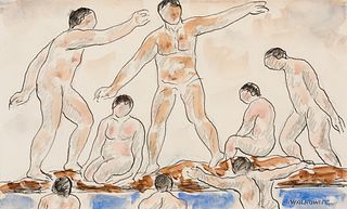 Abraham Walkowitz (Rus. 1878-1965), Bathing Figures, Watercolor on paper, framed under glass
