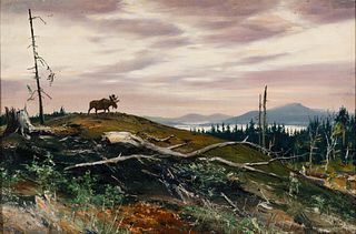 Carl Ivar Gilbert (Am. 1882-1959), "Moose on the Hill", Oil on canvas, framed