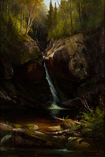 Edward Hill (Am. 1843-1923), Bridal Veil Falls, Franconia, 1883, Oil on canvas, framed