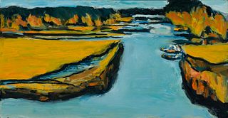 Arthur Richard DiMambro (Am. 1928-2016), "Down River Durham" 2013, Oil on masonite, unframed