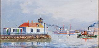 Ira Hamilton (Am. 19th/20th Century), Portland Breakwater Lighthouse, 1912, Oil on board, framed
