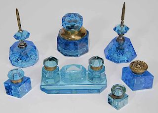 Blue Glass and Brass Mounted Ink Wells