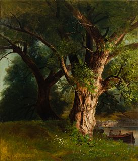 Benjamin Champney (Am. 1817-1907), Rowing Past the Old Oak, 1875, Oil on canvas, framed