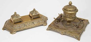 Two Large Brass Inkwells