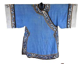 Chinese Blue Embroidery Women Robe, Qing Dynasty