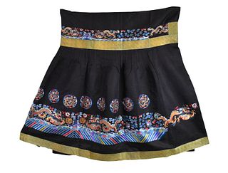 Chinese Black Embroidery Dragon Skirt,Qing Dynasty