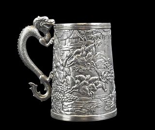 Chinese Export Silver Carved Dragon Mug,ROC Period