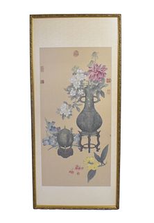 Chinese Painting on silk w/ Vase & Flower, Qing D.