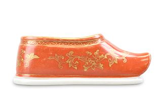 Chinese Gilt Iron Red Shoe w/ Erotic Scene, Qing D
