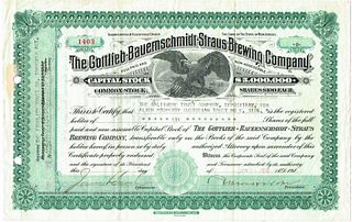 1918 Gottlieb-Bauernschmidt-Straus Brewing Co. Stock Certificate Baltimore Maryland