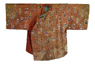 Chinese Red Embroidery Robe w/ Figures, Qing D.