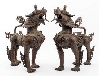 Nepalese Bronze Foo Lion Sculptures, Pair