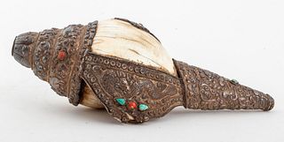 Tibetan Silver Covered Conch Shell Horn, 19th C.