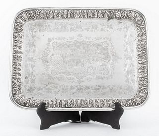 Antique Persian Silver Tray with Figures & Flowers
