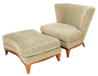 Hollywood Regency Upholstered Arm Chair & Ottoman
