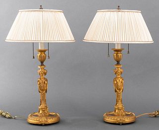 Neoclassical Gilt Metal Caryatid Table Lamps, Pair