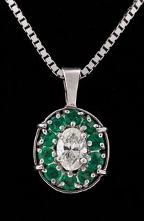 14K Diamond Emerald Pendant Necklace Set