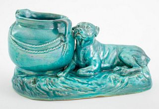 Pecs Zsolnay Turquoise Luster Dog Vase, ca. 1900