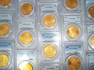 Ten (10) $20 Saint Gaudens Gold PCGS MS65