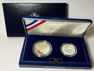 (2-coins) 1993-S Bill of Rights Proof Silver Commemorative Dollar/Half Dollar