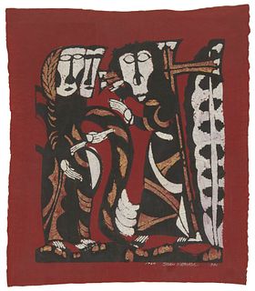 Sadao Watanabe (1913-1996), "Jesus going to Calvary," 1964, Katazome stencil print in colors on handmade paper, Image/Sheet: 26.5" H x 22.75" W