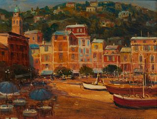 Anthony Heinsbergen (1894-1981), "Portofino Quay (golden tone)," Oil on watercolor board, 14" H x 18" W