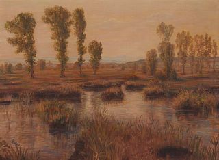 19th century European School, Meadow with poplars, Oil on canvas, 23" H x 31" W