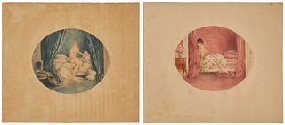 Louis Icart (1888-1950), "Blue Alcove," and "Pink Alcove," Etching, drypoint, and aquatints in colors on paper, Plate: 10.5" H x 12.75" W; and Plate: 