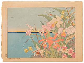 Paul Jacoulet (1902-1960), "Fleurs des Iles Lointaines. Mers de Sud," 1940, Woodcut in colors on handmade mulberry paper, Image: 11.875" H x 15.5" W; 