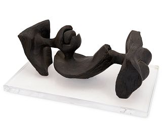 Michael Hanzakos, (1920-1978), Untitled, Iron oxide ceramic sculpture on Lexan base, 8" H x 21" L x 12" W