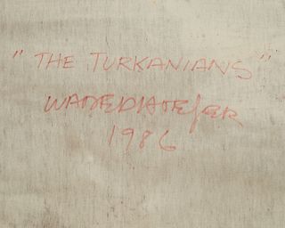 Wade Hoefer (1951-2020), "The Turkanians," 1986, Acrylic and sand on an asymmetrical canvas, 39" H x 43" W