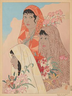 Paul Jacoulet (1902-1960), "Retour de la Jungle. Tondano: Celebes," 1948, Woodcut in colors with embossing on handmade mulberry paper, Image: 15.5" H 