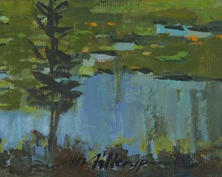 Mel Fillerup (1924-2010), "Lily Pads and Beaver House," Oil on Masonite, 20" H x 30" W