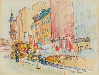 Don Gray, (b. 1935), Urban street scene, 1963, Colored pencil on paper, Image/Sheet: 10.625" H x 13.875" W