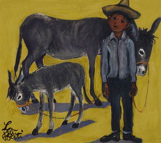 Leo Politi (1908-1996), Young boy with two burros, Acrylic on paper, Sight: 16.25" H x 18.125" W