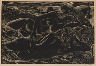 Emil Ganso (1895-1941), "At the Seashore," 1932, Wood engraving on paper under glass, Image: 8" H x 12" W