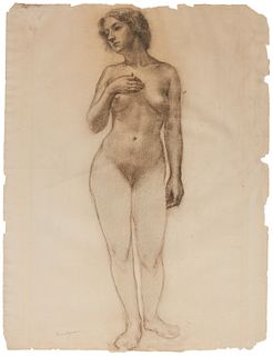 20th Century American School, Nude female study, Charcoal on paper, Image/Sheet: 24.25" H x 18.5" W approx.