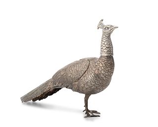 A Continental silver articulating peacock figure