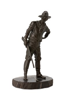Carl Kauba (1865-1922), U.S. Calvary Soldier, Patinated bronze on polished agate base, 9.75" H x 5.25" W x 4" D