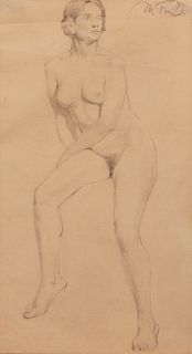 20th Century American School, Seated nude female study, Graphite on paper, Sight: 17.5" H x 9.5" W