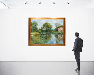 Jean Kevorkian (b. 1933), Man fishing in a lotus pond, Oil on canvas, 45" H x 58" W